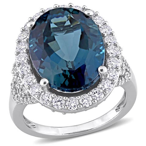 Blue Topaz & Diamond Halo Ring 14k