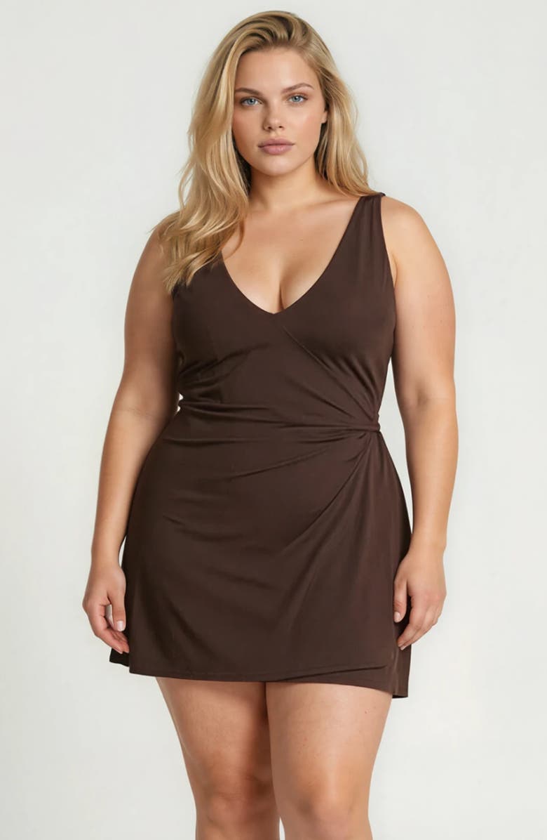 Calypsa Plus Size Alana Wrap-Style Swim Dress With Hidden Bottoms and Adjustable Straps, Main, color, Chocolate Brown