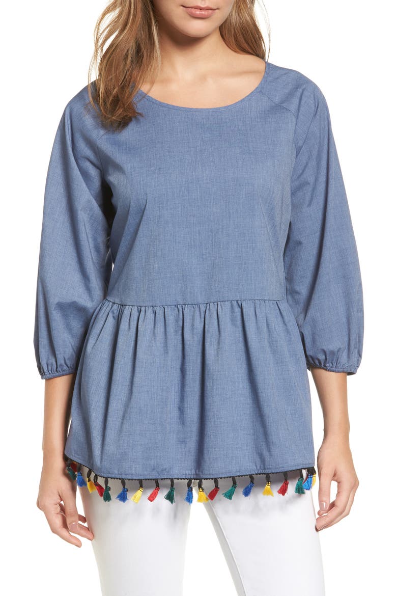 Ruffle Tassel Trim Top, Main, color, CHAMBRAY