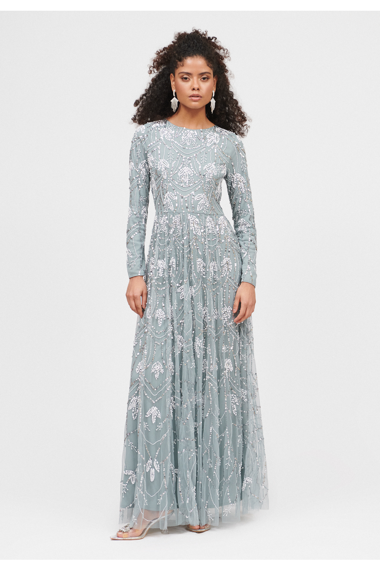 Occasion Modest Embellished Sequin Beaded Floral Evening Maxi Dress, Main, color, MISTY GREY