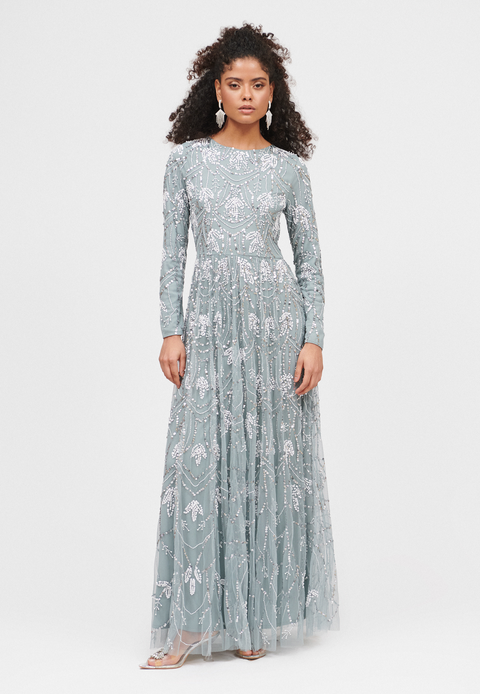 Occasion Modest Embellished Sequin Beaded Floral Evening Maxi Dress