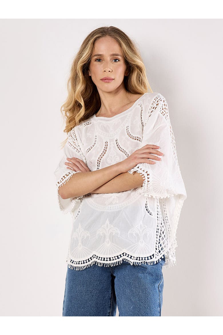 Cotton Round Neck Crochet Top, Main, color, White