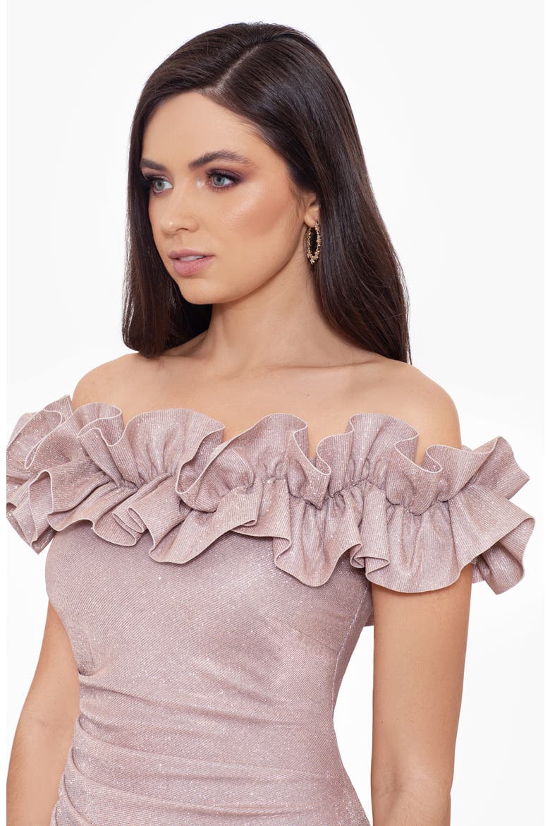 Glitter Ruffle Off the Shoulder Back Slit Gown, Alternate, color, BLUSH/ SILVER