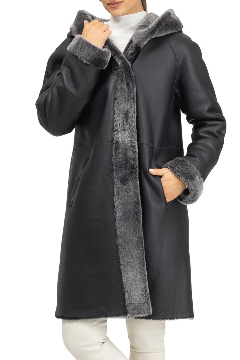 Merino Shearling Hooded Parka, Main, color, BLACK BRISA