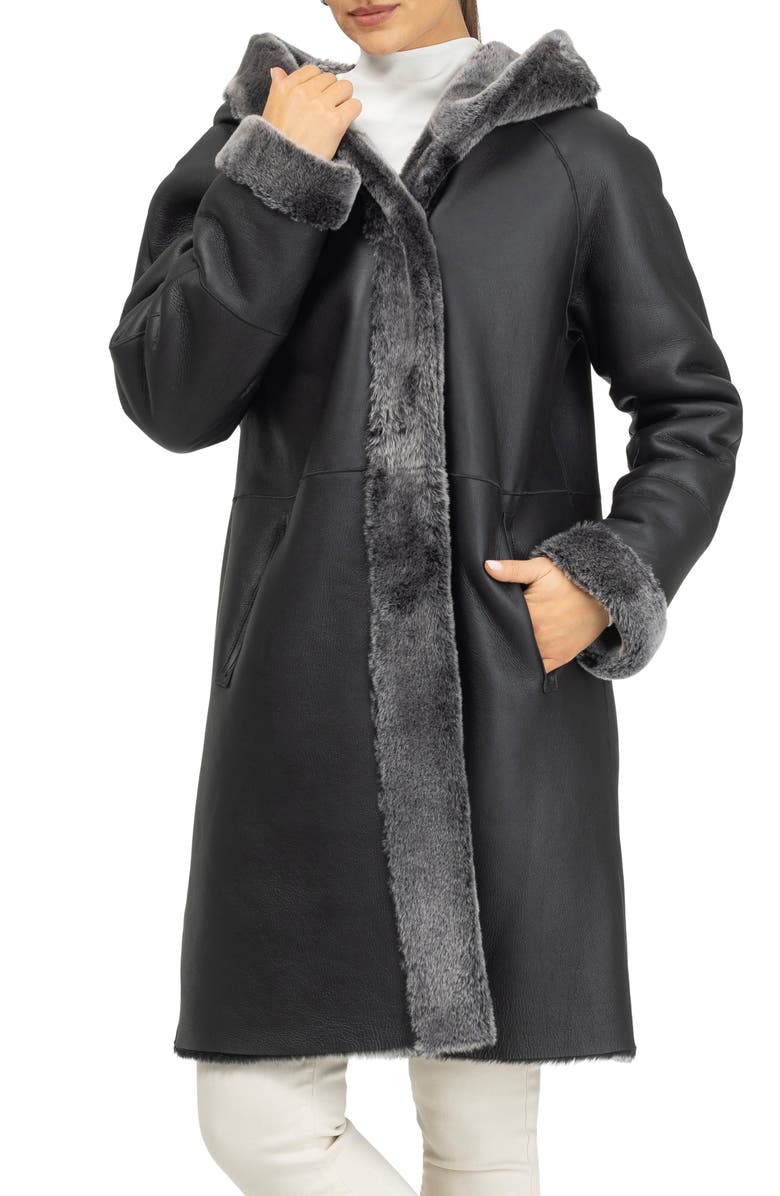 GORSKI Merino Shearling Hooded Parka, Main, color, Black Brisa