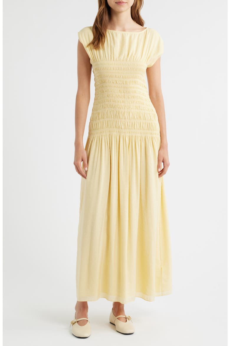 smocked drop waist dress Maxi Smocking at the neck and waist adds texture and shape to the design Women's Bra-Free Smocked Drop-Waist Maxi