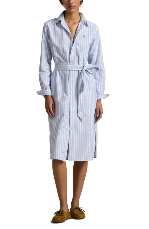 Belted Long Sleeve Cotton Oxford Shirtdress