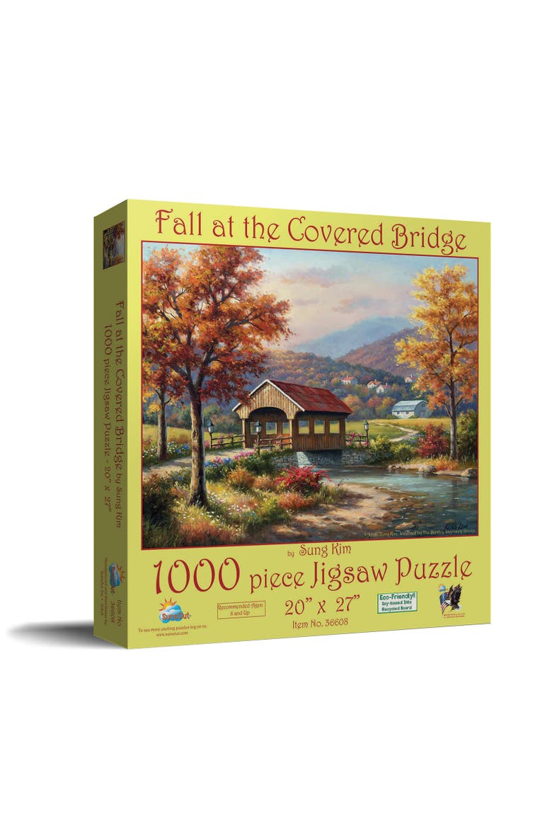 Fall at the Covered Bridge a 1000 piece Jigsaw Puzzle for Adults, Main, color, Multicolor