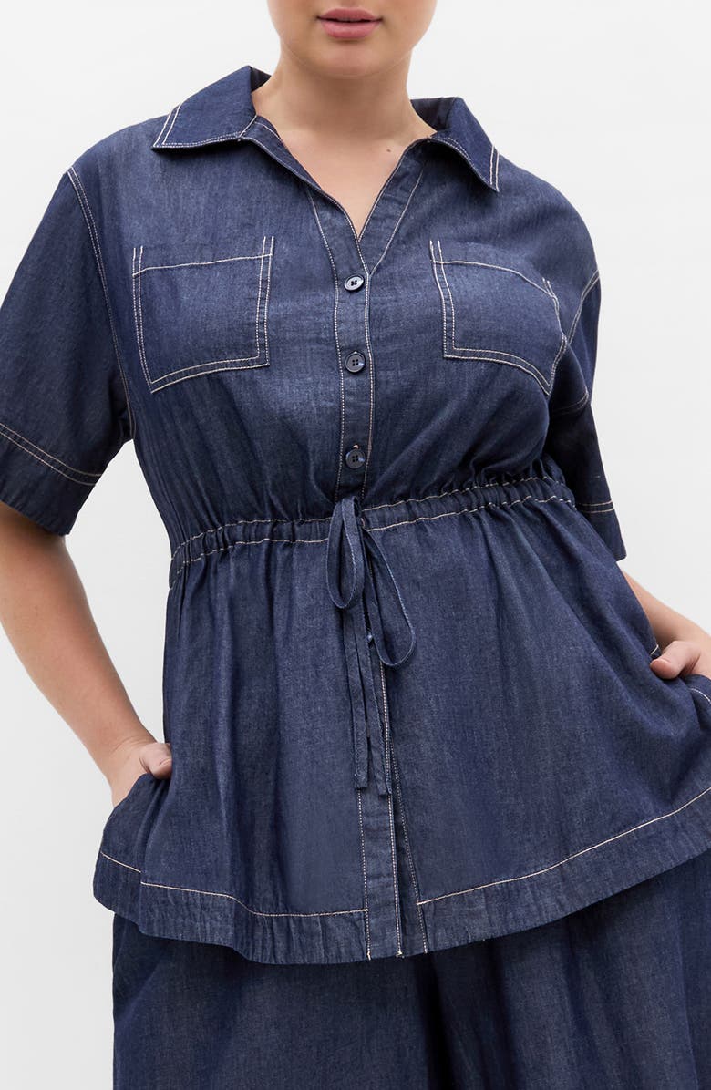 City Chic Mikayla Tie Waist Denim Shirt, Main, color, Indigo