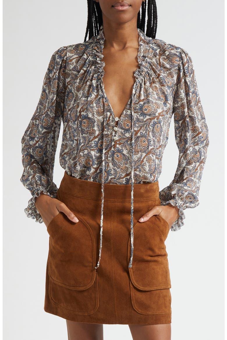 Hickory Print Tie Neck Silk Blend Shirt, Main, color, DOVE MULTI
