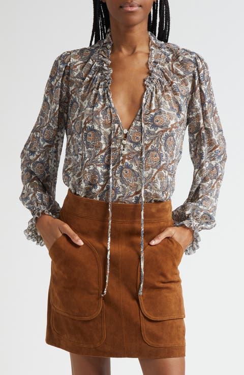 Hickory Print Tie Neck Silk Blend Shirt