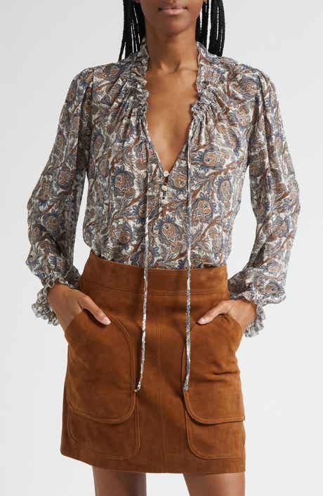 Veronica Beard Hickory Print Tie Neck Silk Blend Shirt