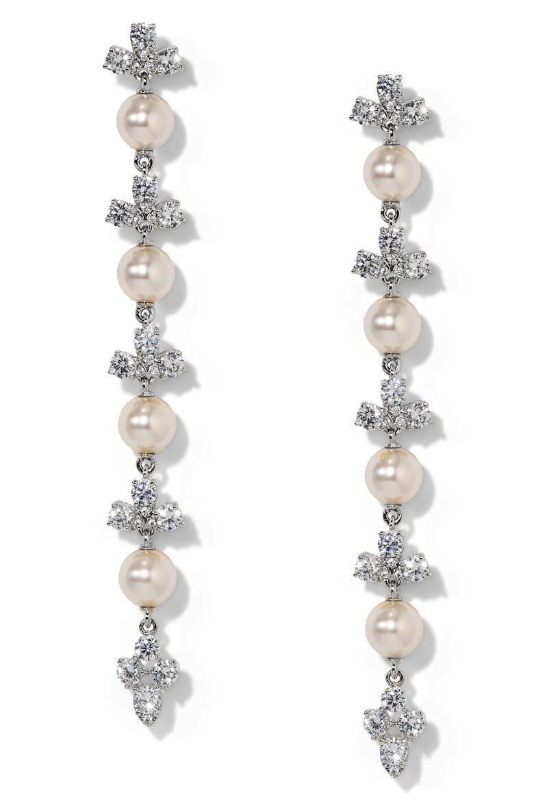 Faux Pearl Long Linear Drop Earrings, Main, color, RHODIUM