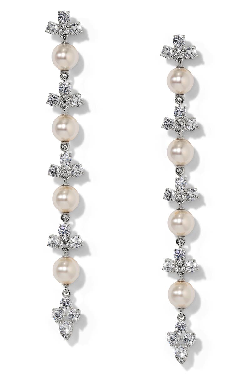 Nadri Faux Pearl Long Linear Drop Earrings, Main, color, Rhodium