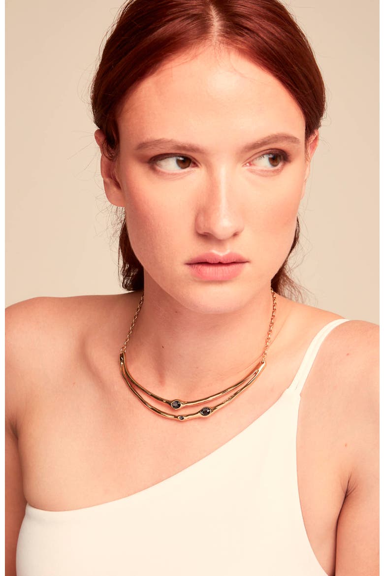 18K Gold-Plated Rigid Necklace with Black Faceted Crystals, Alternate, color, Gold
