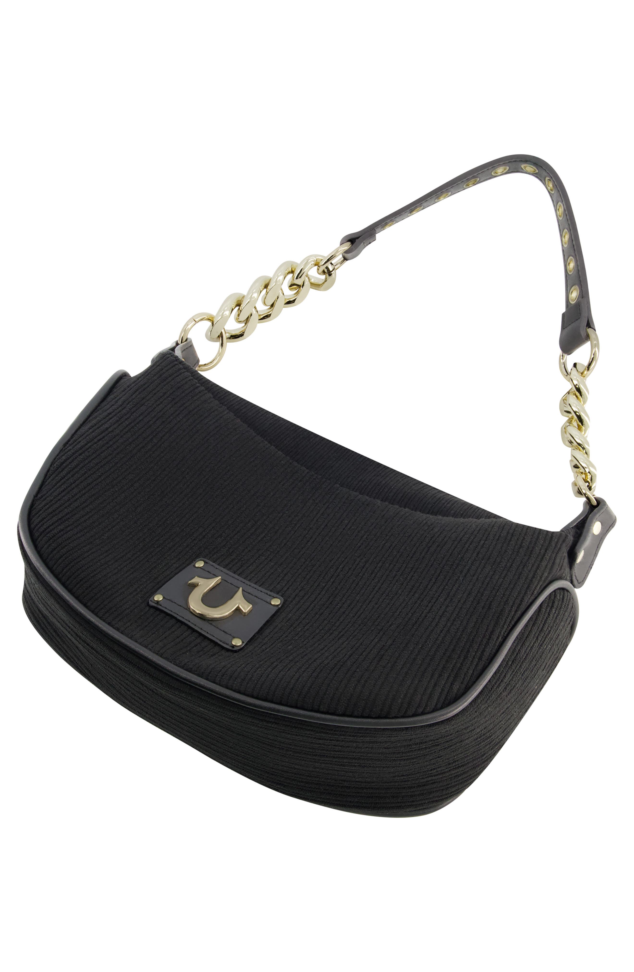 True Religion Brand Jeans Corduroy Chain Shoulder Bag, Alternate, color, Black