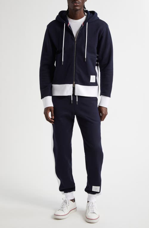Thom Browne Zip Up Hoodie With Engineered 4 Bar In Color Blocked Solid In Blue