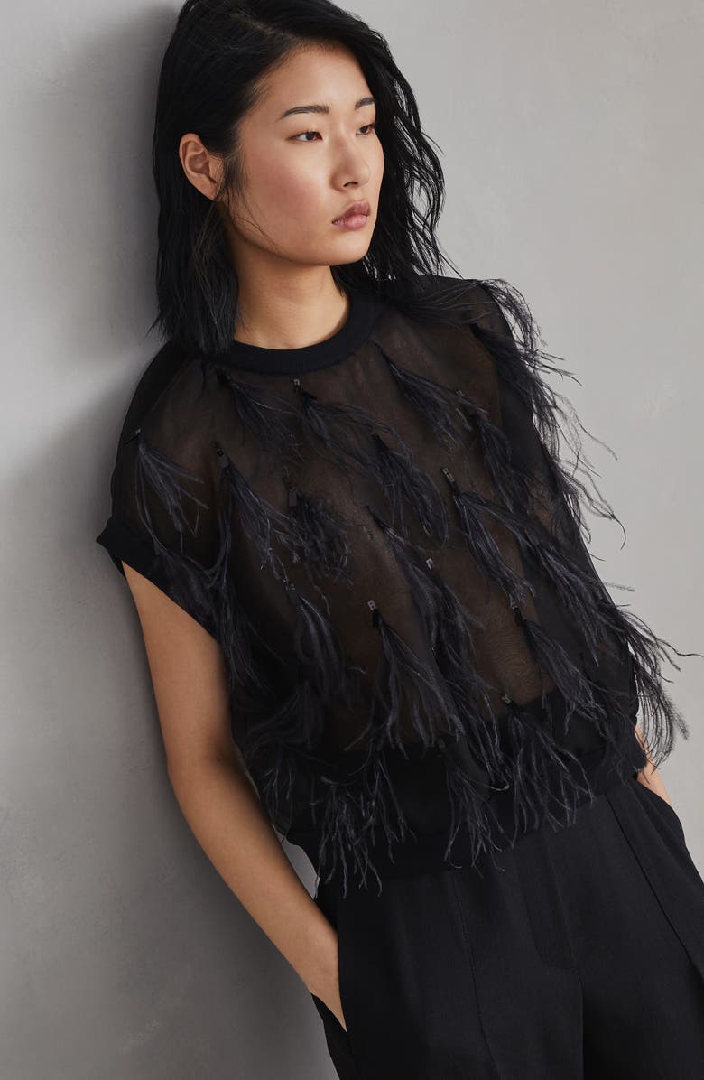 Brunello Cucinelli Crispy silk top with dazzling feather embroidery, Alternate, color, 