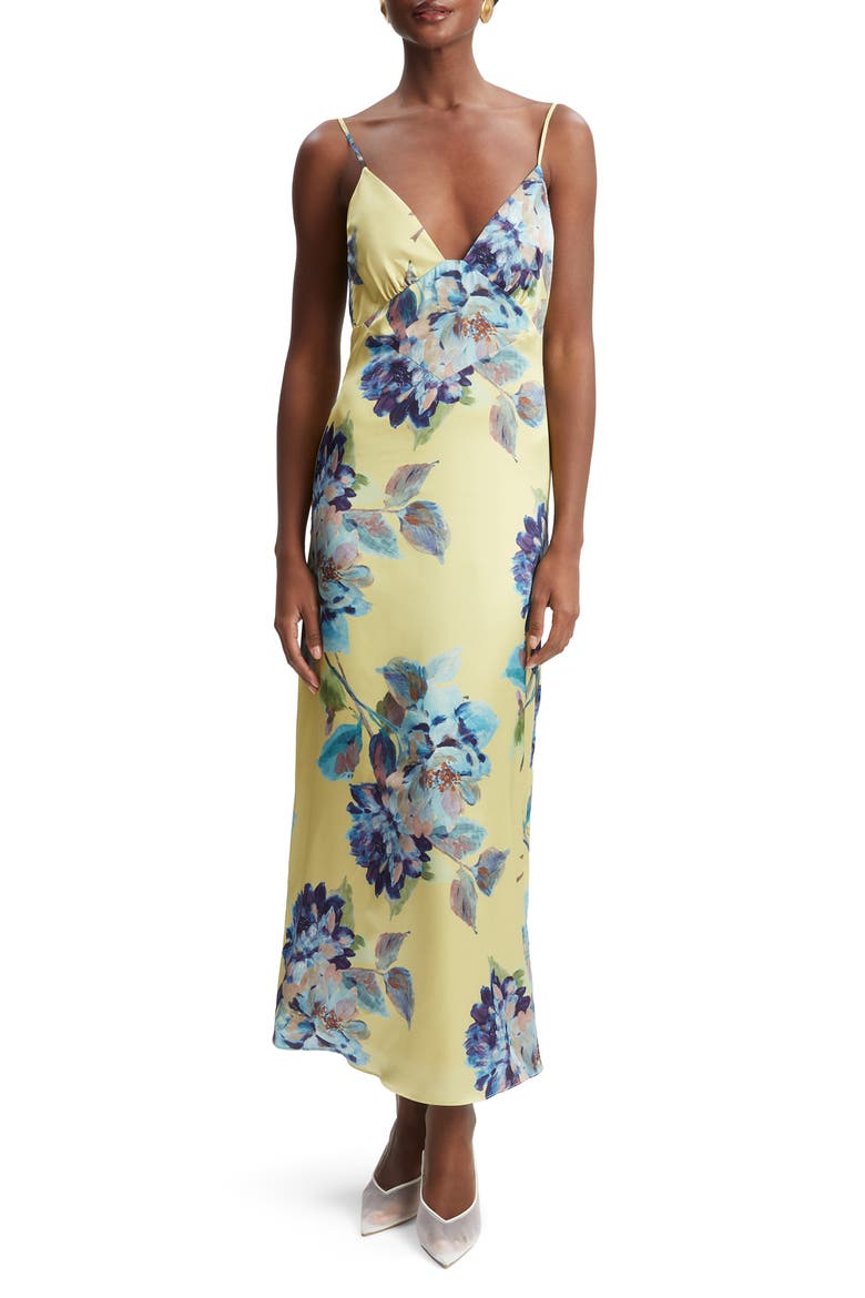 Wintour Floral Print Satin Dress, Main, color, BOLD BLUE FLORAL