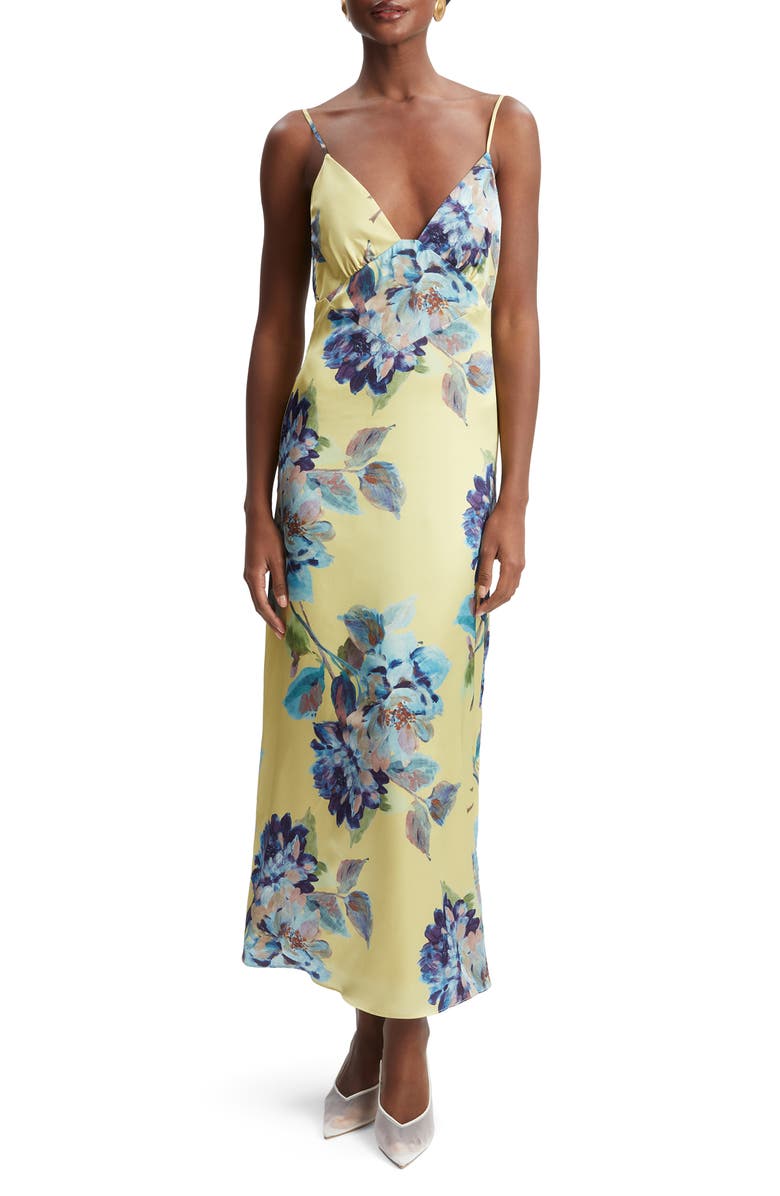 Bardot Wintour Floral Print Satin Dress, Main, color, Bold Blue Floral