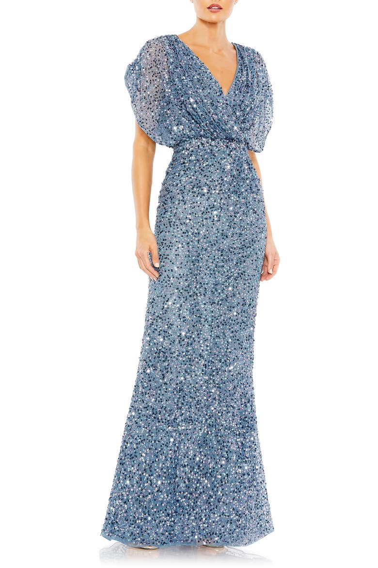 Draped Sleeve Sequin V-Neck Gown, Main, color, SLATE BLUE