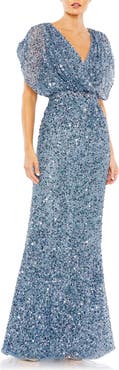 Mac Duggal Draped Sleeve Sequin V-Neck Gown