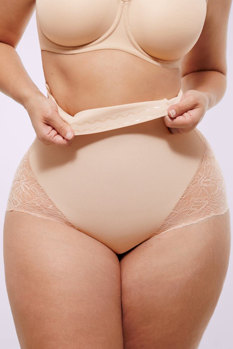 Mesh Smooth High-Waisted Sheer Lace Brief, Alternate, color, Nude