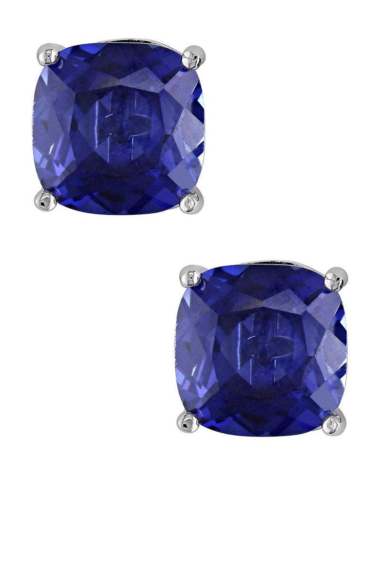 Sterling Silver Created Blue Sapphire Cushion Stud Earrings, Main, color, blue