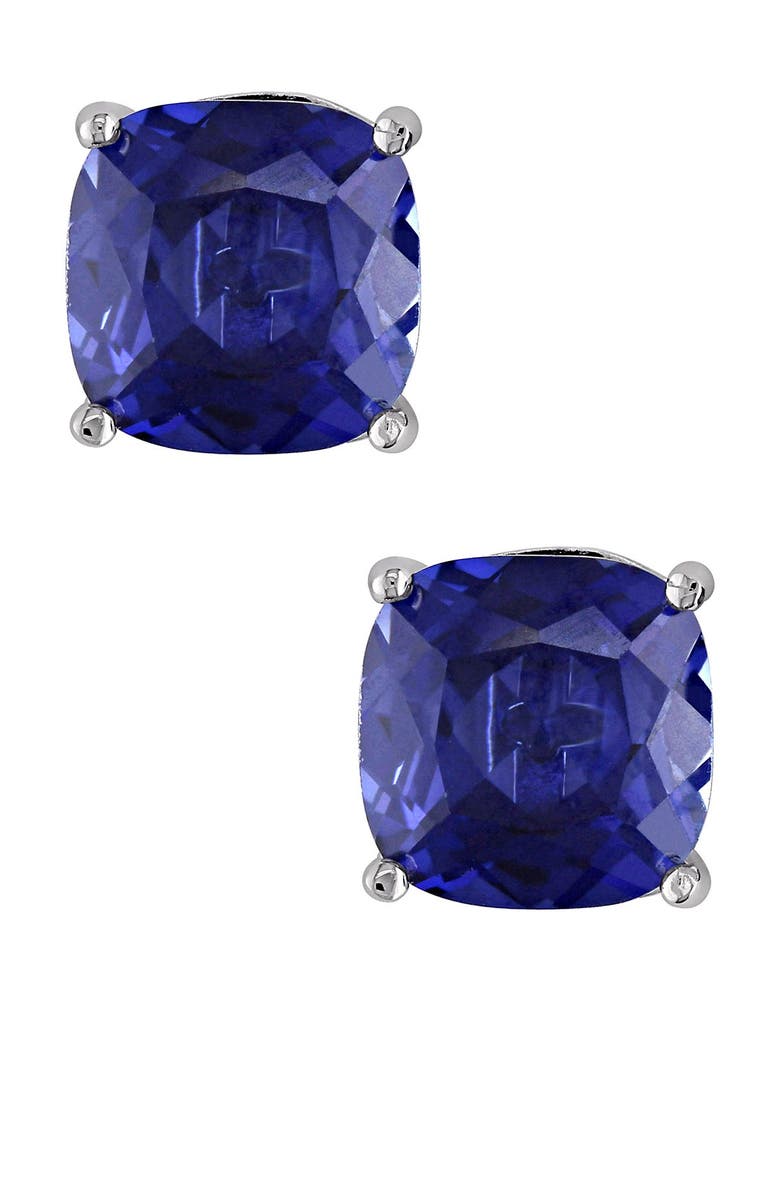 DELMAR Sterling Silver Created Blue Sapphire Cushion Stud Earrings, Main, color, Blue