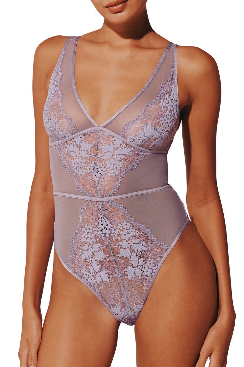 All Day Lace Unlined Thong Bodysuit, Main, color, DREAMY LILAC