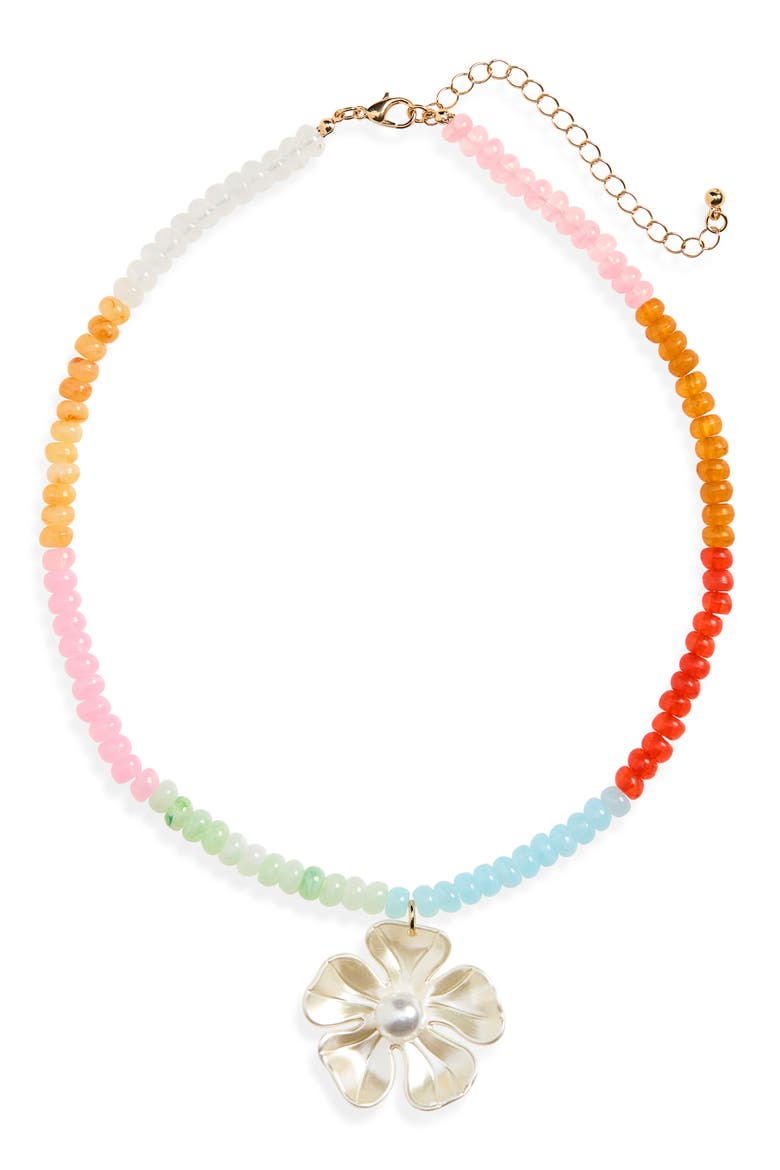 Beaded Faux Pearl Floral Pendant Necklace, Main, color, MULTI