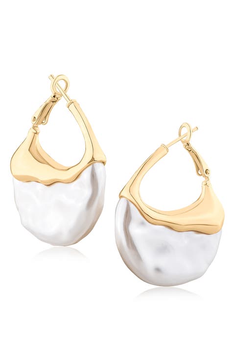 Faux Pearl Molten Hoop Earrings