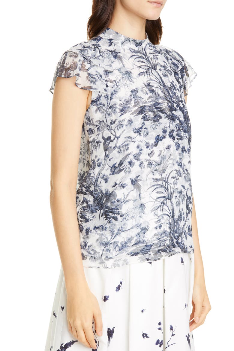 Floral Cap Sleeve Silk Chiffon Blouse, Alternate, color, WHITE/ BLUE