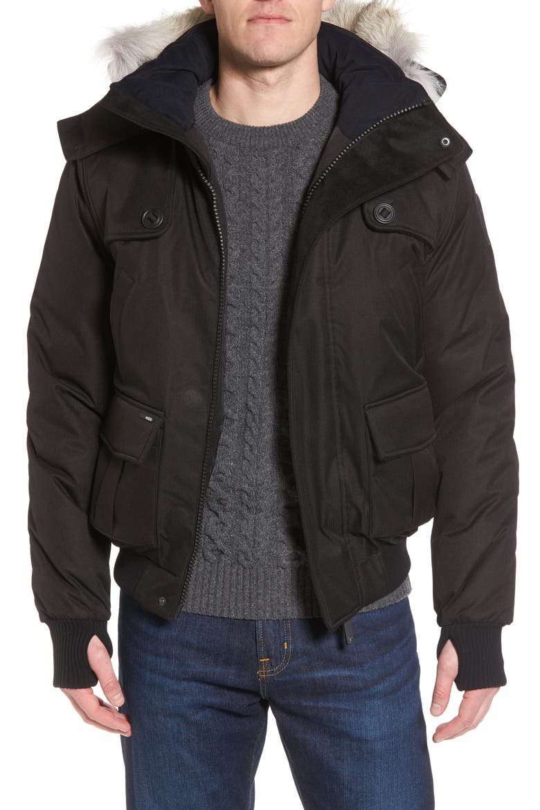 Windproof & Waterproof 650-Fill Power Down Bomber Jacket with Genuine Coyote Fur Trim, Main, color, BLACK