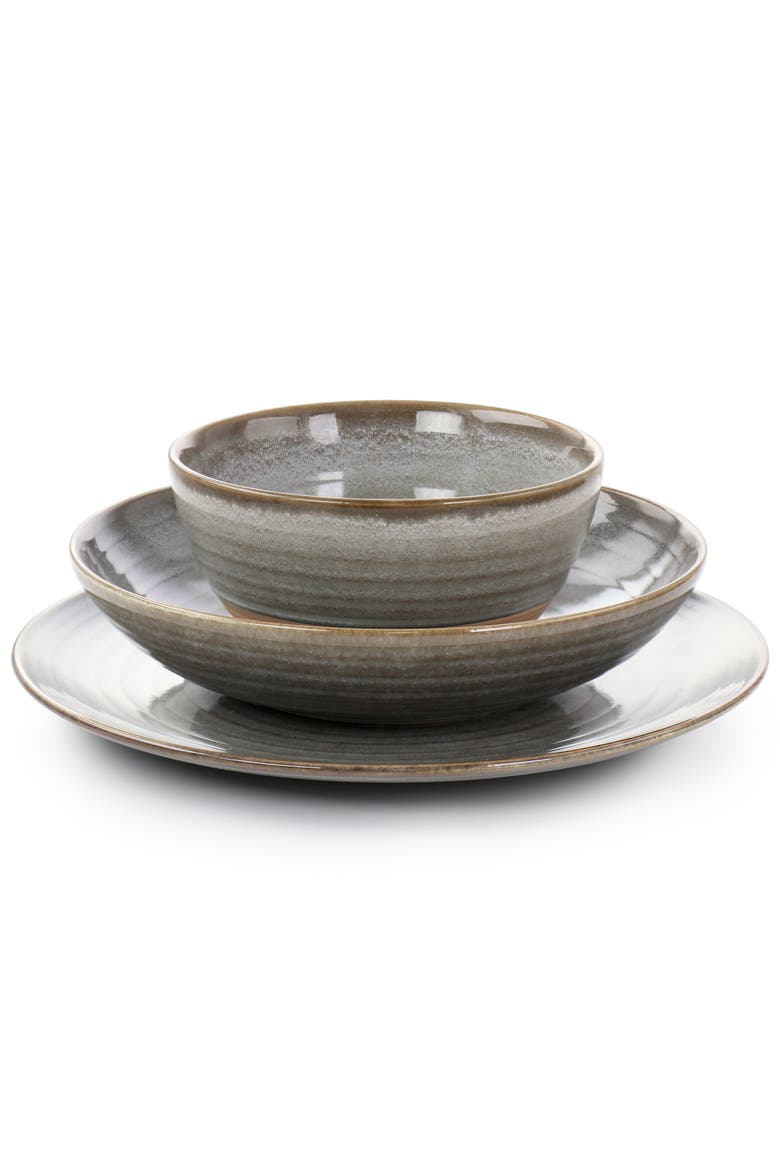 12 Piece Dreamweaver Round Earthenware Dinnerware Set, Alternate, color, Grey