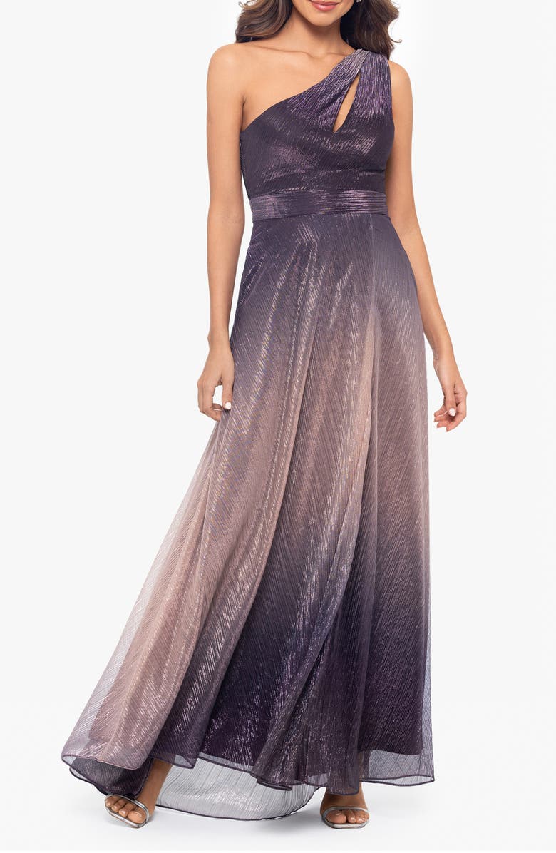 Betsy & Adam One-Shoulder Metallic Crinkle Ombré Gown, Main, color, Plum/ Rose