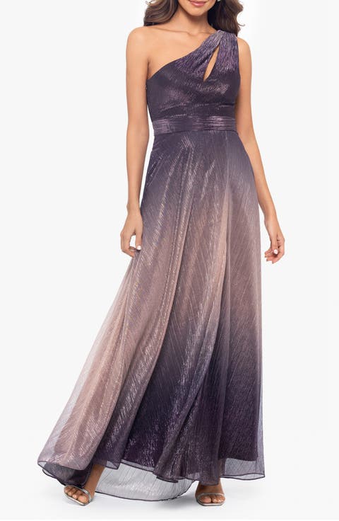 Betsy & Adam Lace Boat Neck 3/4 Sleeve Gathered Ruffle Gown