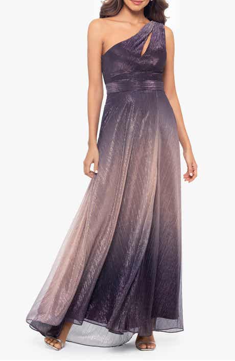 One-Shoulder Metallic Crinkle Ombré Gown