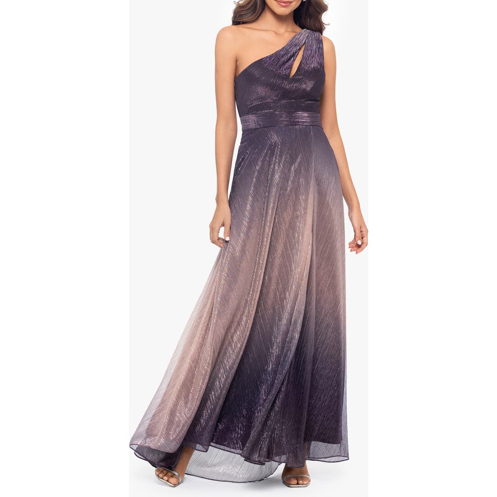 Betsy & Adam One-shoulder Metallic Crinkle Ombré Gown In Purple