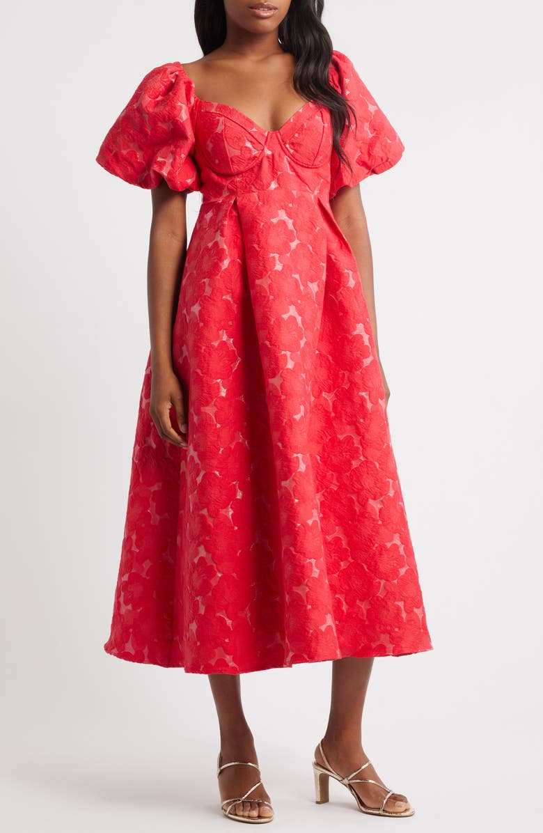 Sister Jane Maria Jacquard Puff Sleeve Midi Dress, Main, color, Red