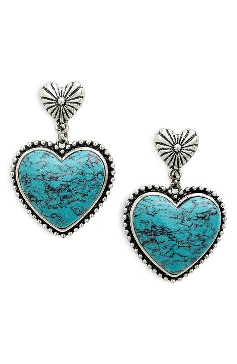 Faux Turquoise Stone Heart Drop Earrings