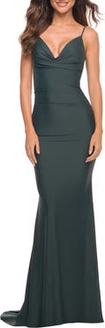 La Femme Luxe Simple Jersey Gown with Draped Neckline