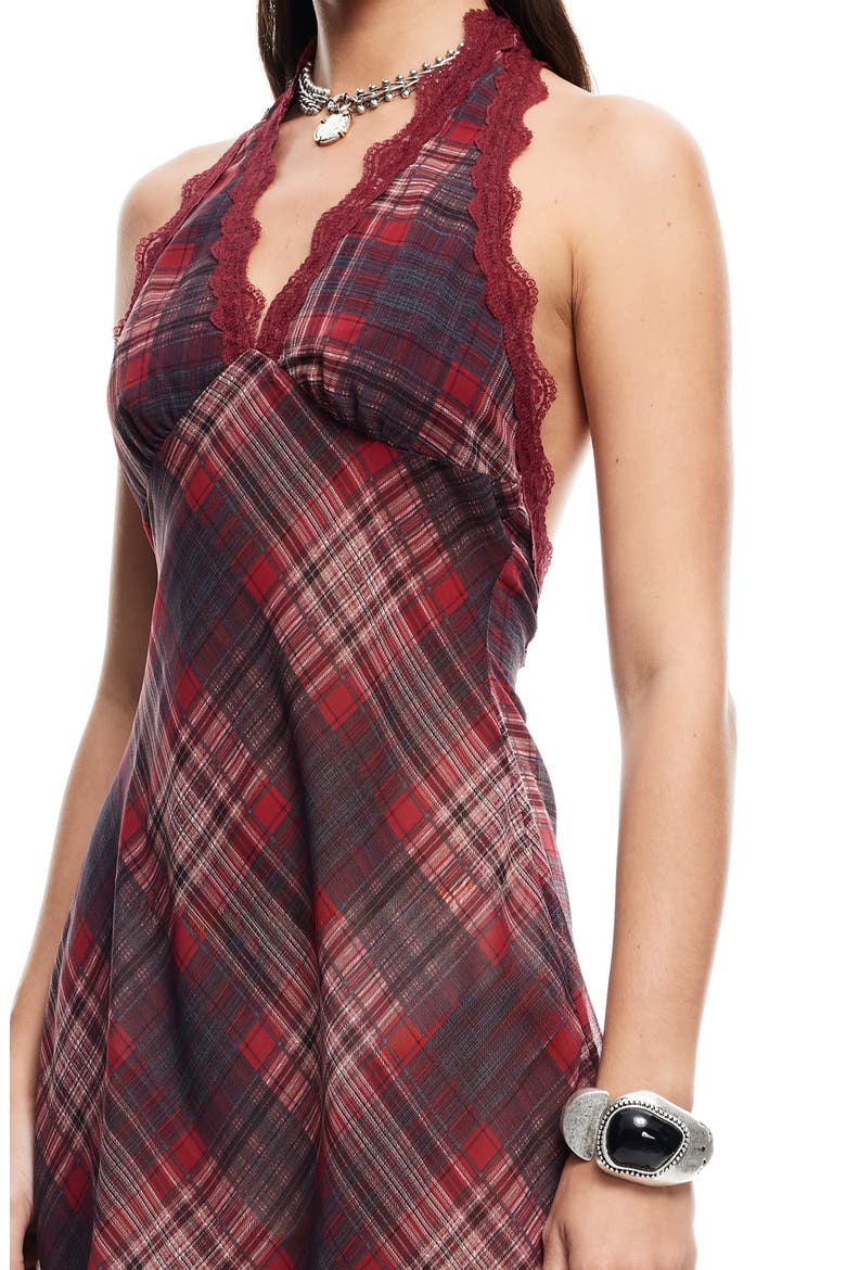 Stars Align Plaid Lace Trim Halter Minidress, Alternate, color, CRIMSON PLAID