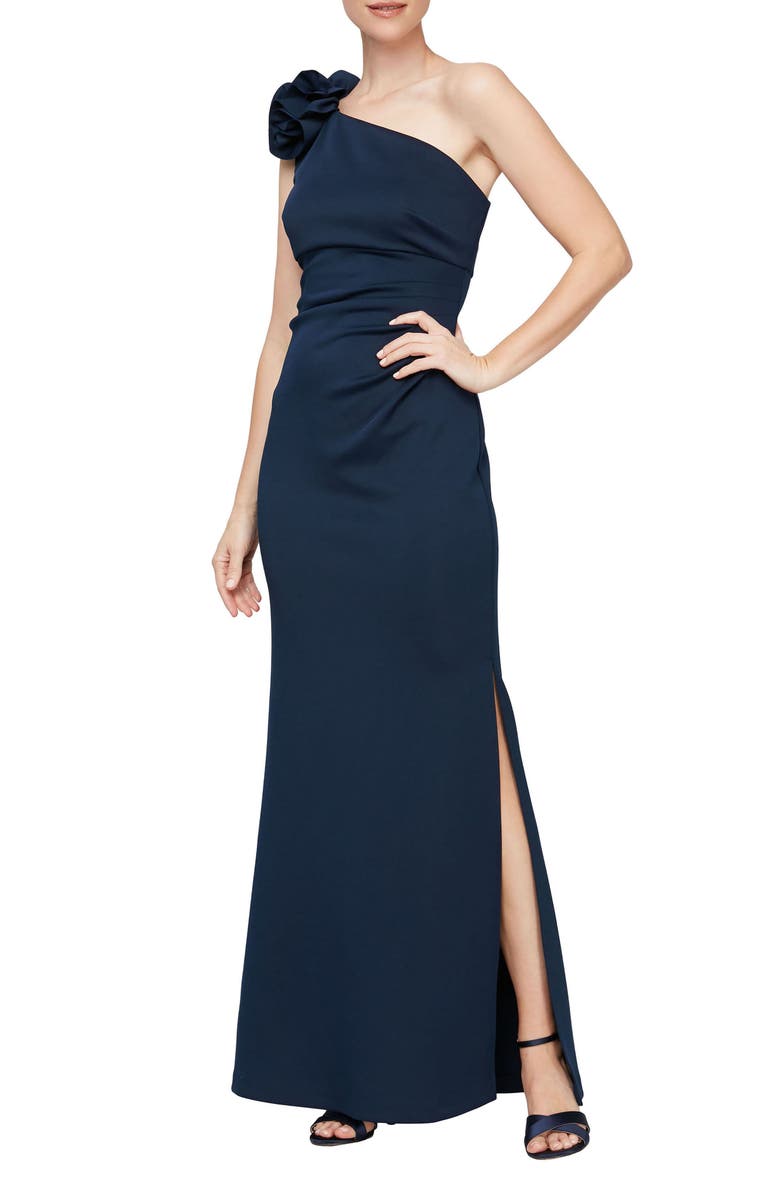 SL FASHIONS Floral Detail One-Shoulder Gown, Main, color, Navy