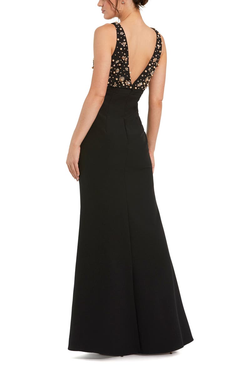 Petite Crepe Sleeveless Beaded V Neck Gown With Bow, Alternate, color, Black