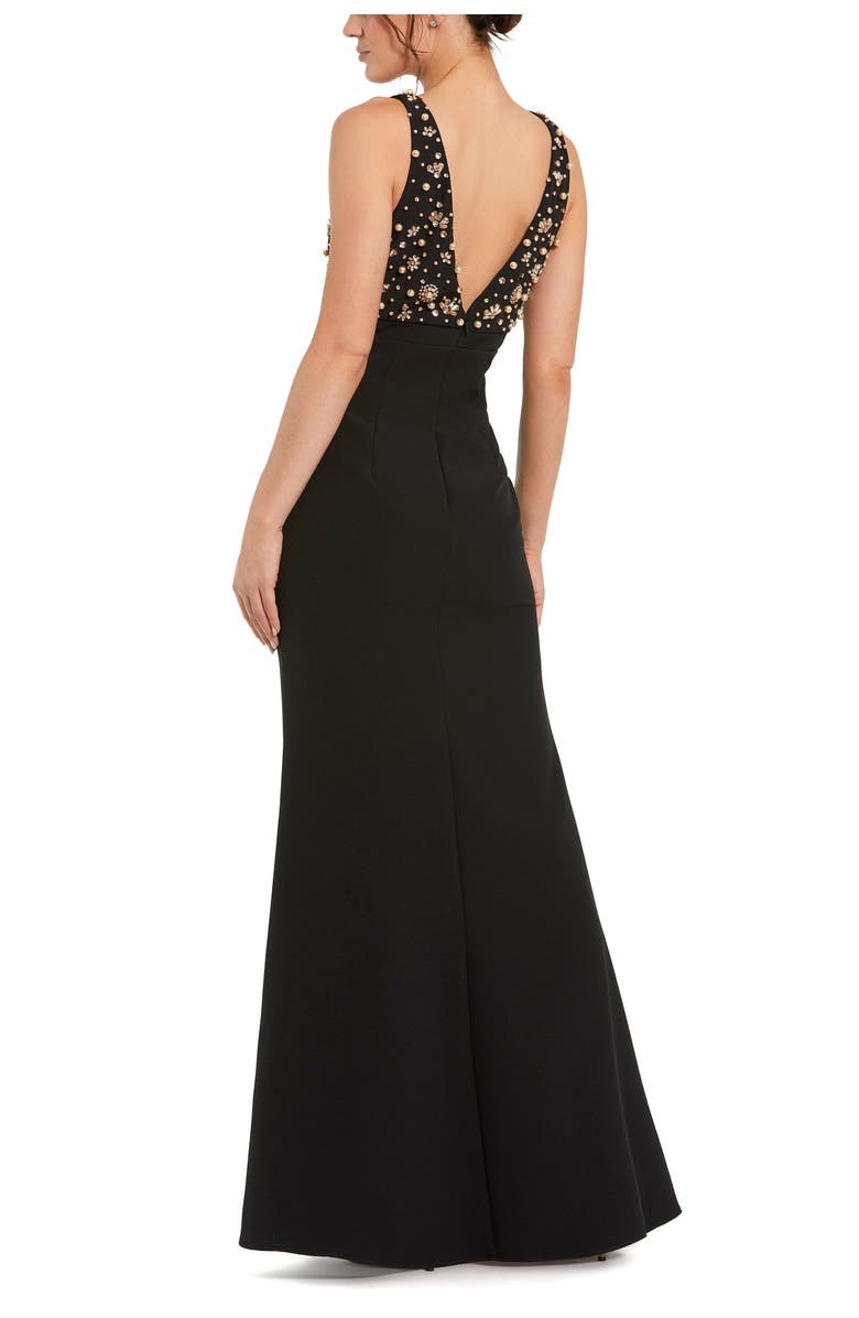 Mac Duggal Petite Crepe Sleeveless Beaded V Neck Gown With Bow, Alternate, color, Black