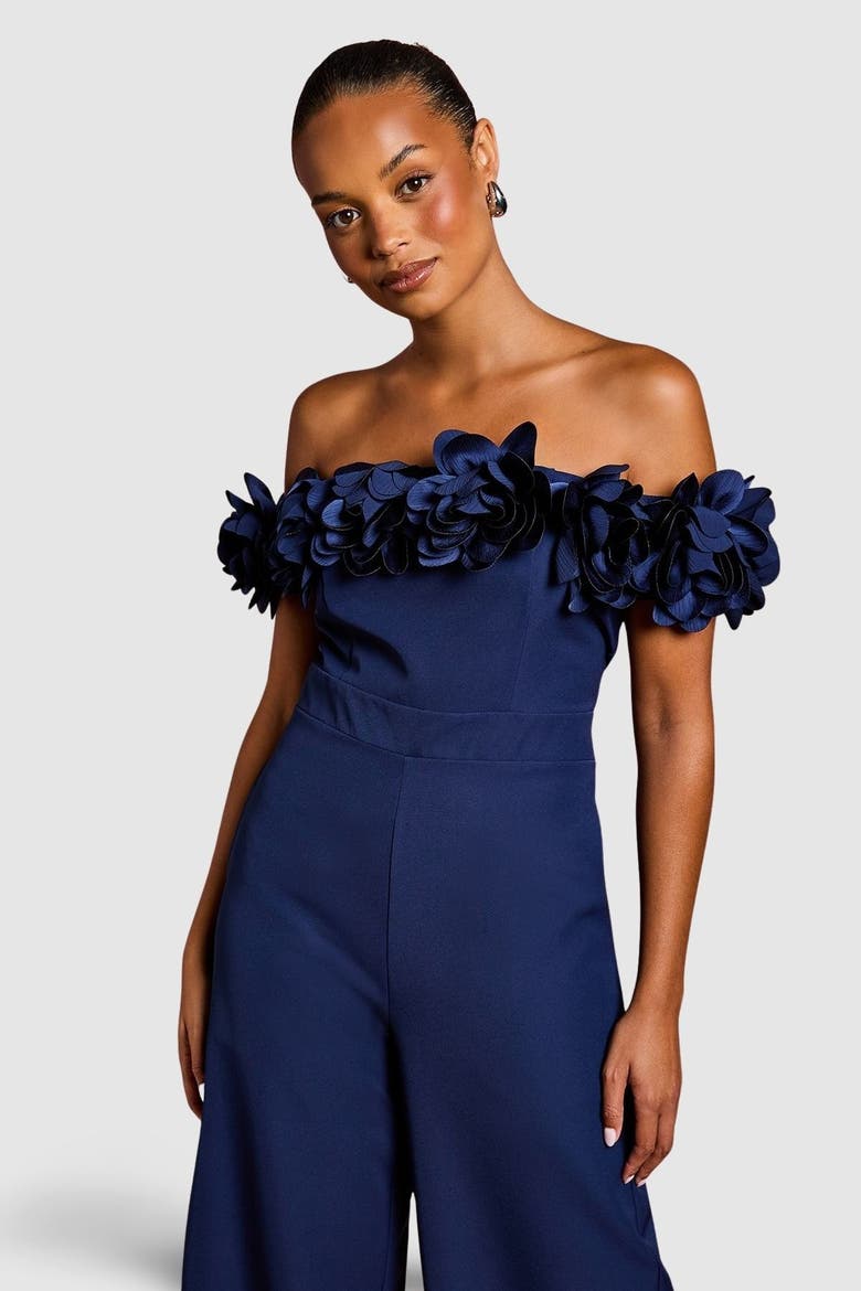 Petite 3D Flower Bardot Jumpsuit, Alternate, color, Navy