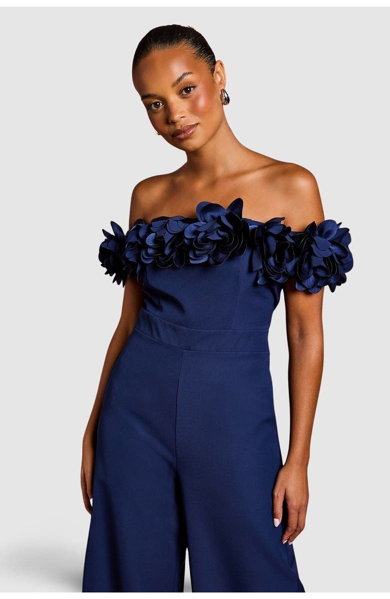 Coast Petite 3D Flower Bardot Jumpsuit, Alternate, color, Navy