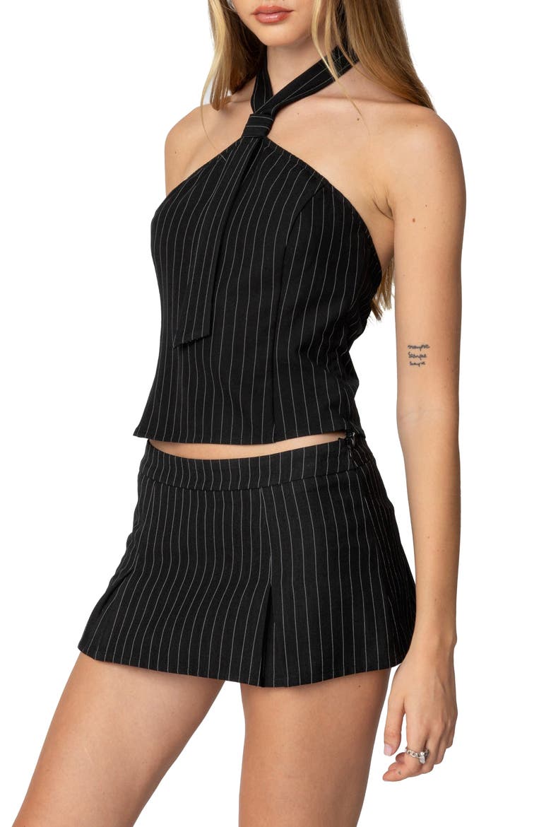 Karine Pinstripe Tie Halter Top, Alternate, color, BLACK