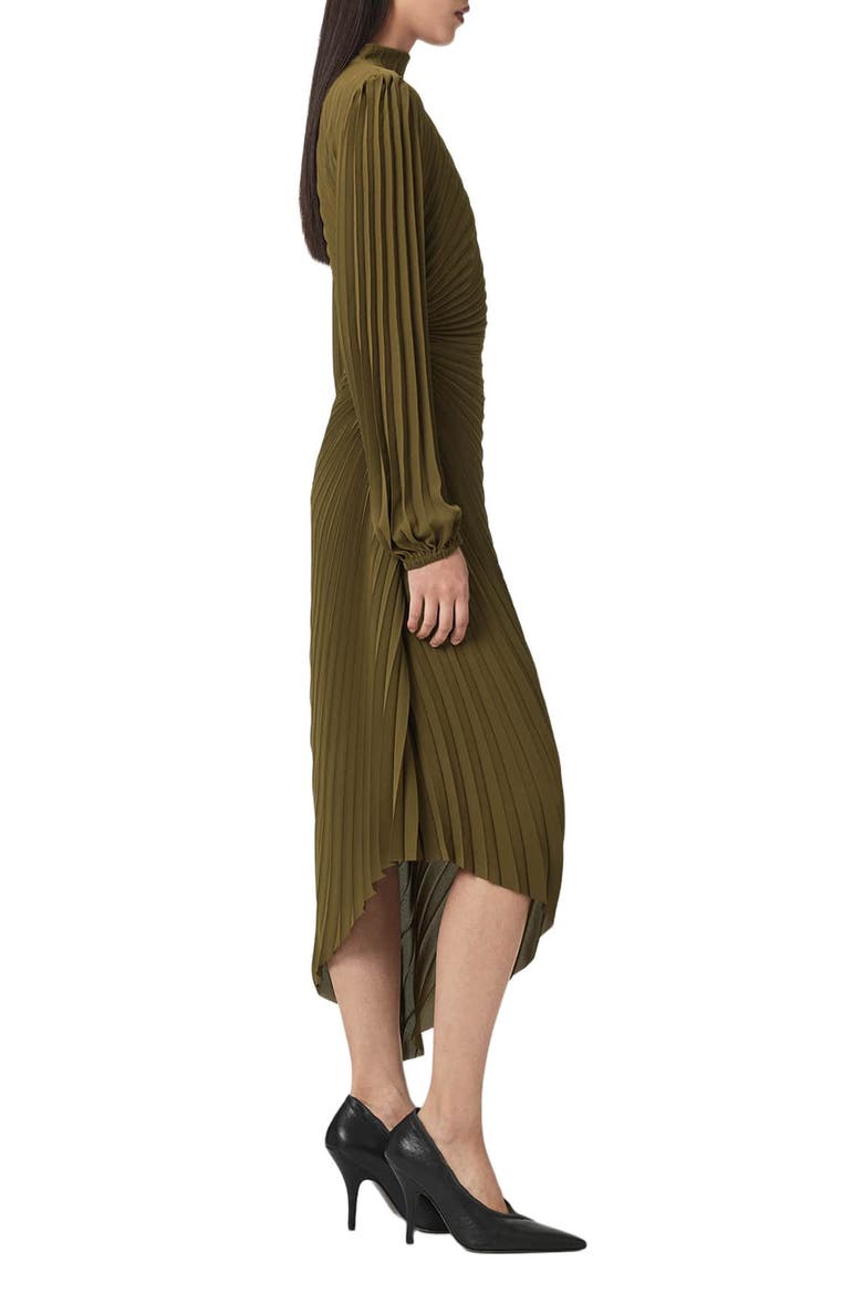 Milena Pleated Long Sleeve Asymmetric Dress, Alternate, color, OLIVE KHAKI GREEN